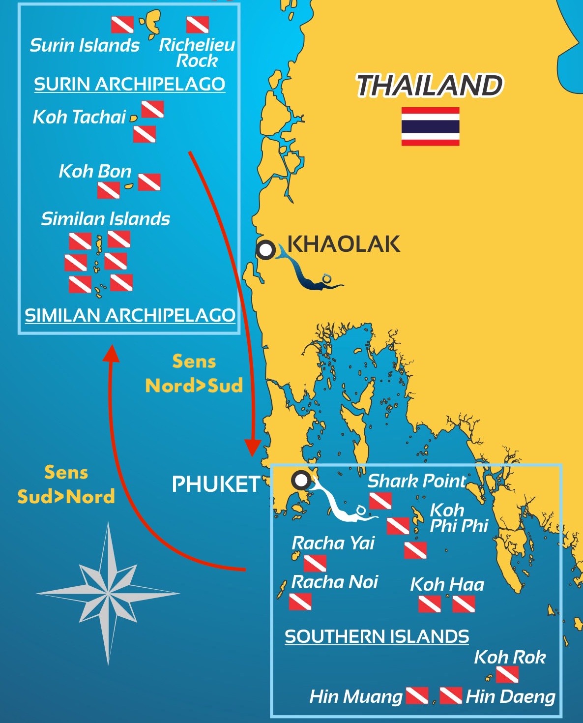 Carte de la croisière : des îles du Sud de Phuket aux îles Similan, Surin et Richelieu Rock