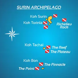 Carte des sites de plongée de Koh Bon, Koh Tachai, Richelieu Rock et des îles Surin